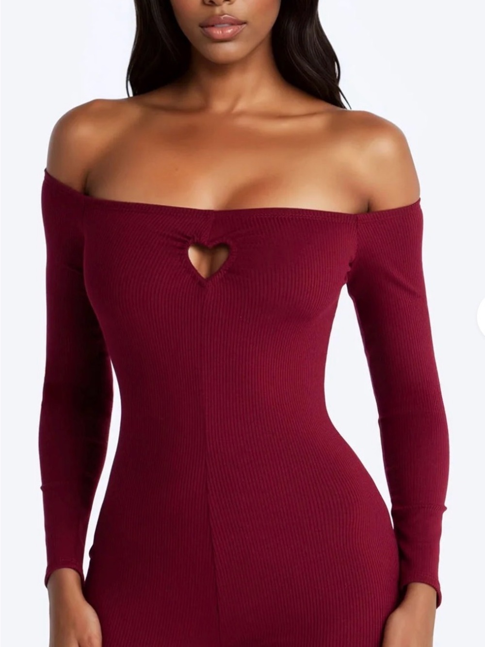 Off-Shoulder Ribbed Heart-Cutout Jumpsuit in Burgundy